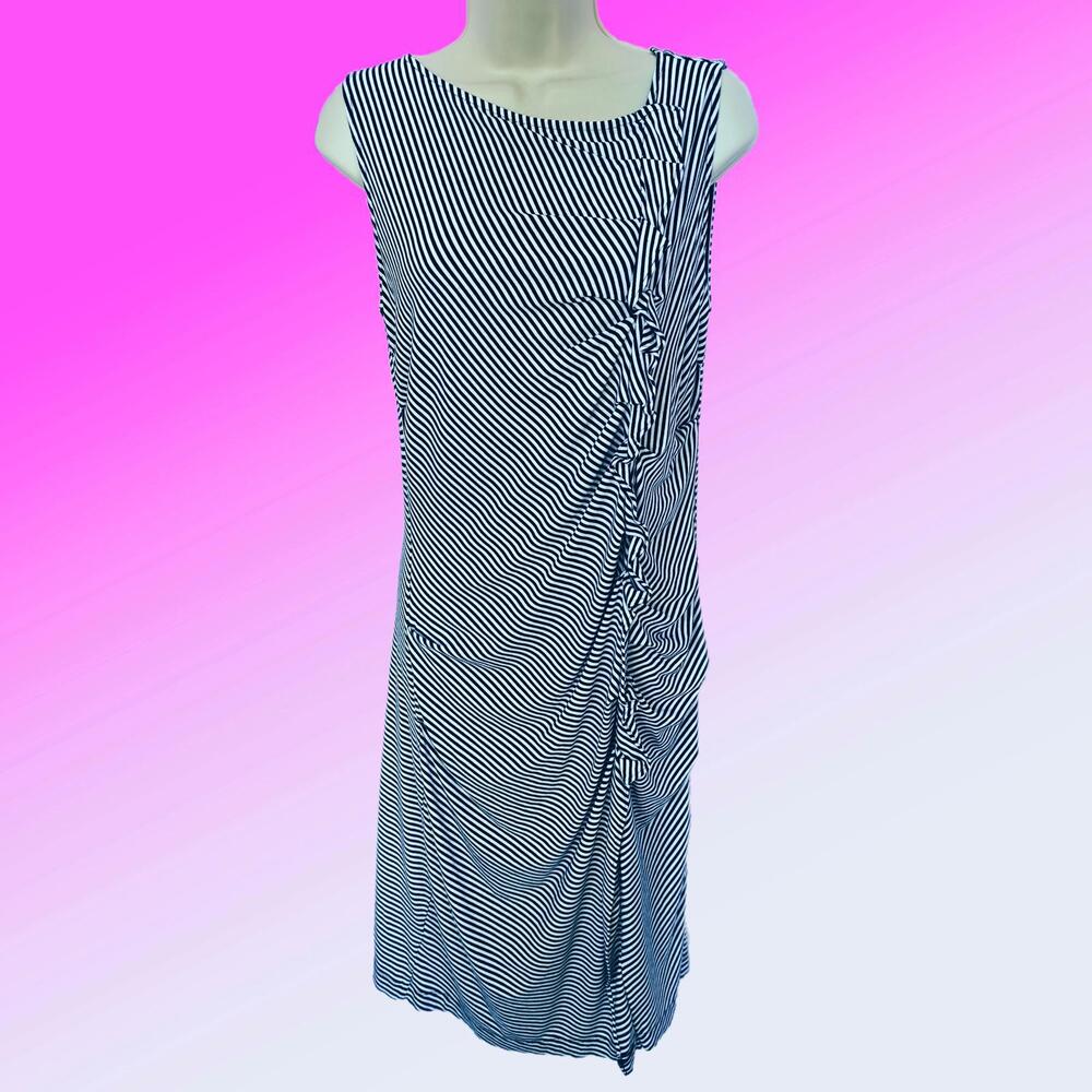 Anne Taylor Striped Sleeveless Midi Dress with Ruched Detail